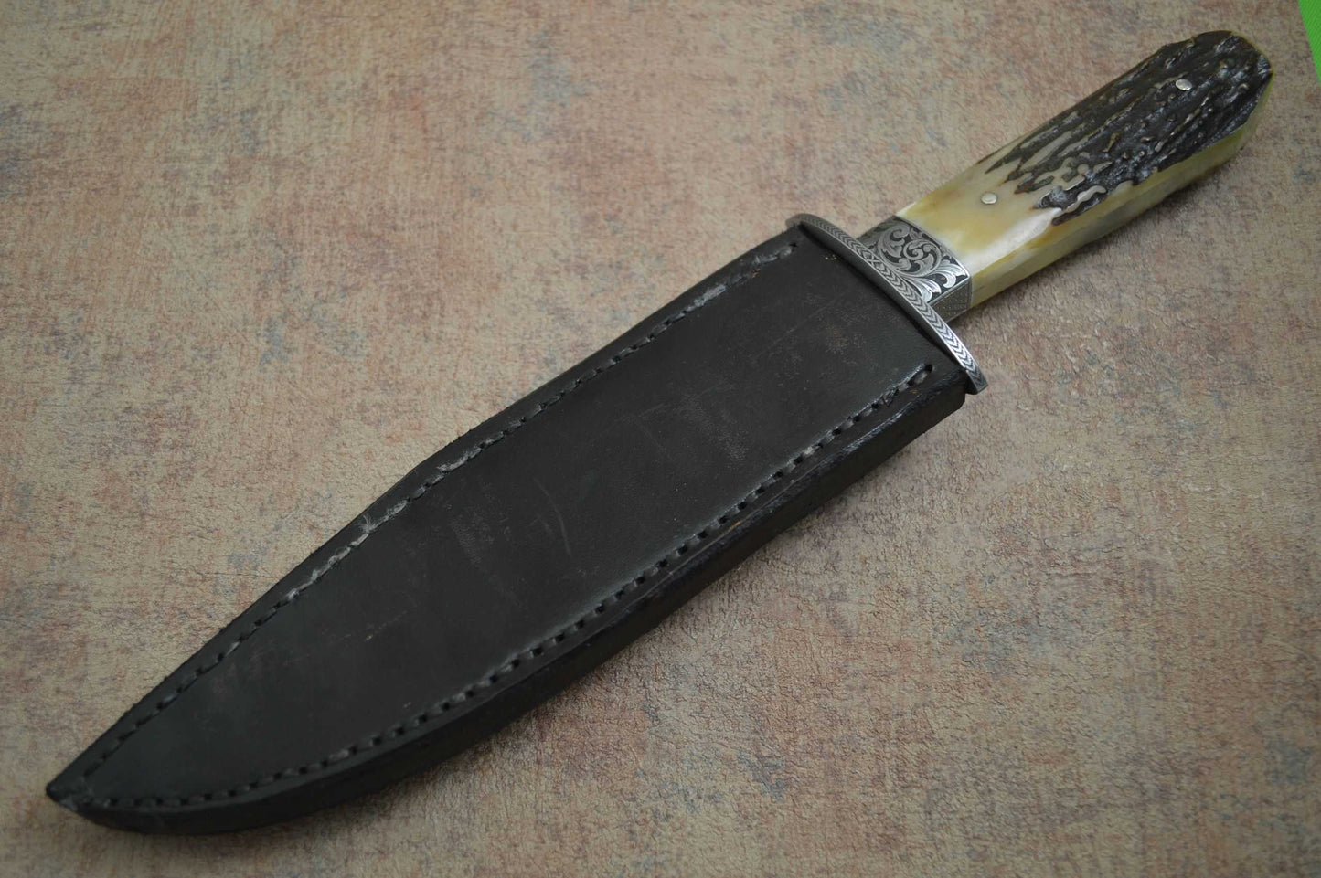 Steve Dunn M.S. Engraved Stag Bowie, Tooled Leather Sheath
