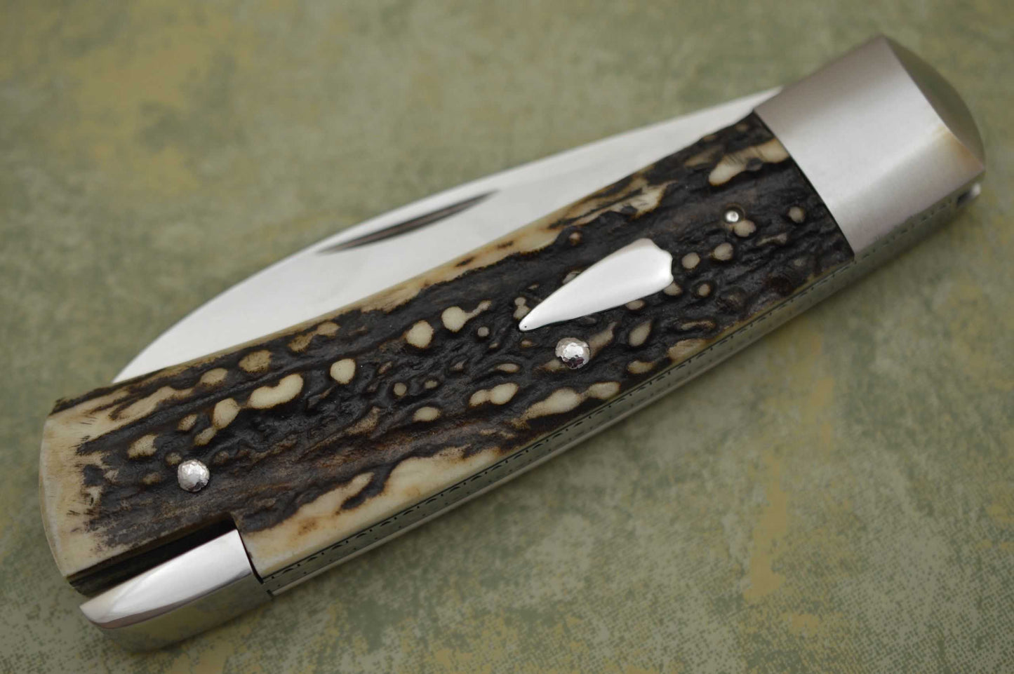 Toby Hill Large Tail-Lock Folding Knife, Stag Scales, File-Worked Liners