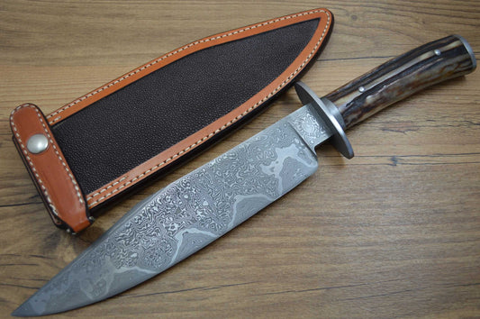 Mike Williams, M.S. Damascus Bowie, Stag Handle, Kenny Rowe Sheath (SOLD)