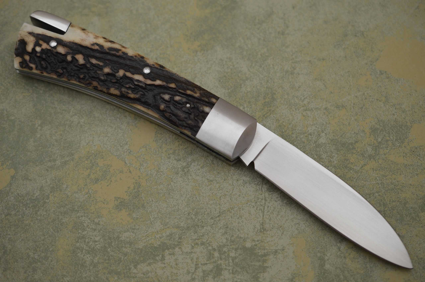 Toby Hill Large Tail-Lock Folding Knife, Stag Scales, File-Worked Liners