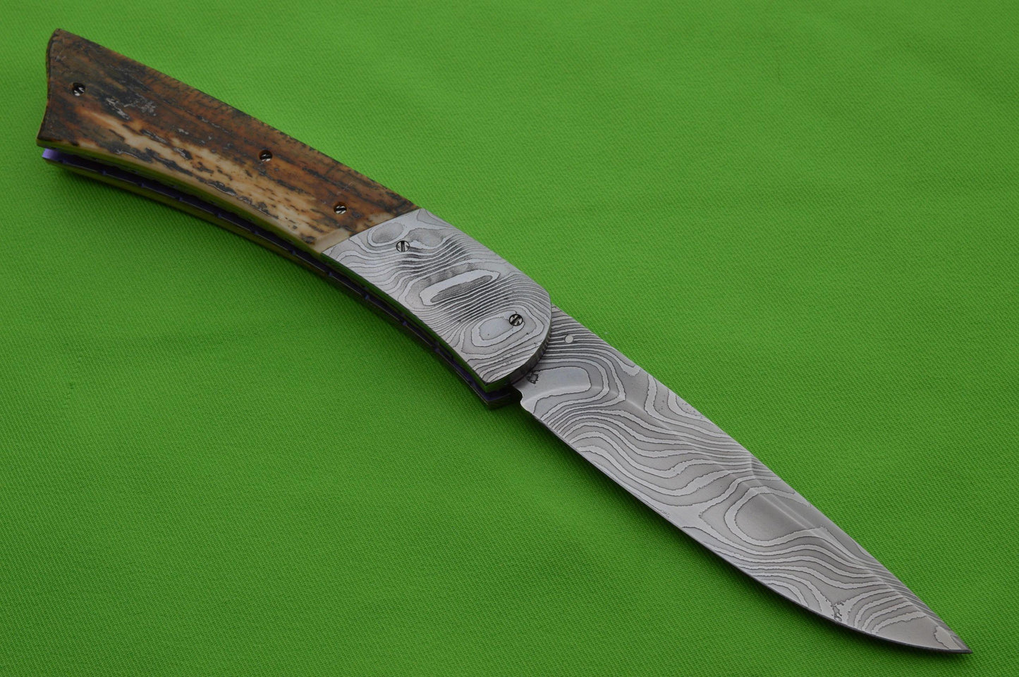 Thomas Vallotton Persian Damascus and Fossil Bolster Release D/A Liner-Lock Folding Knife