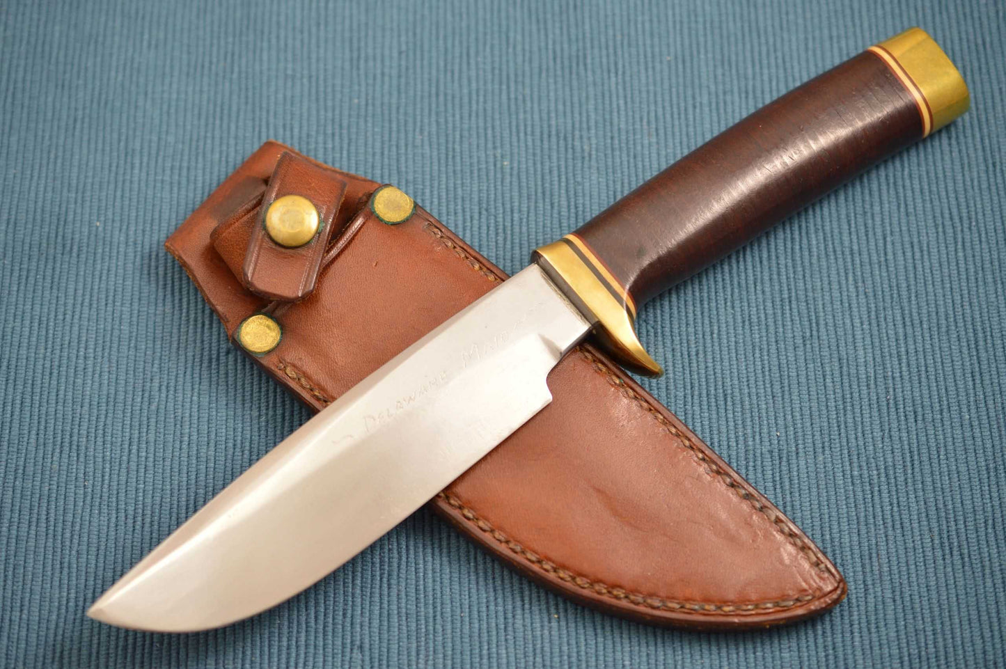 Bob Loveless Stacked Leather Delaware Maid Abercrombie & Fitch Co. Knife, Leather Sheath