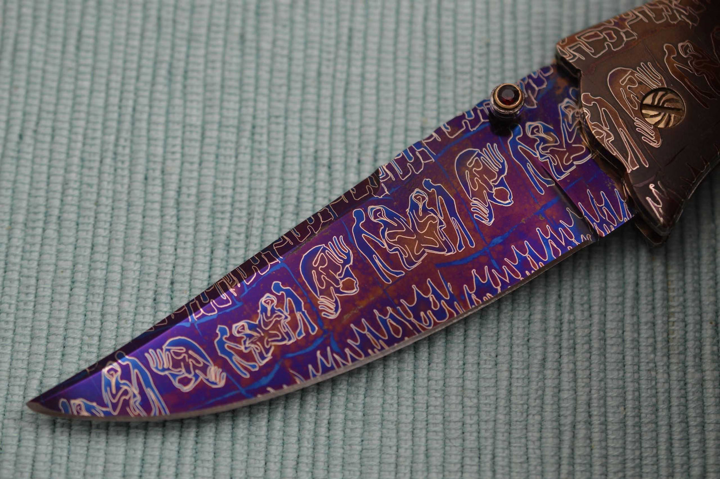 Joe Olson "Apocalypse" Interframe Folder, Damascus, Abalone, Ruby Thumbstud