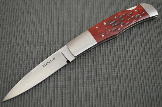 Mike Zscherny Lock-Back Folder, Red Jigged Bone, File-work (SOLD)