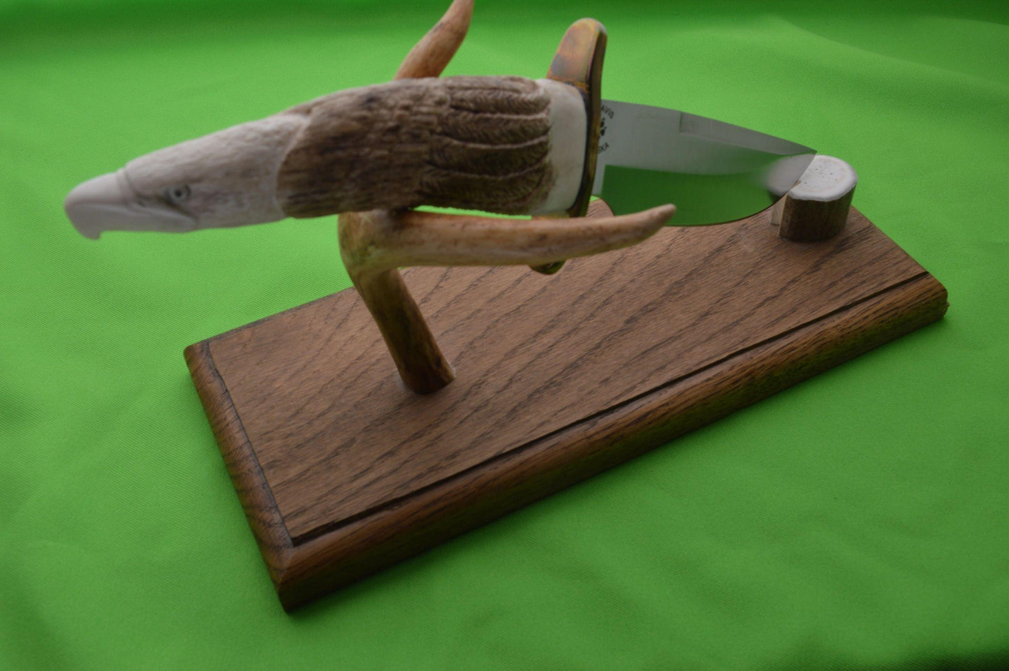 T.L. Davis Wolftrack Stag Carved Eagle Head Fixed Blade Knife, Display Stand