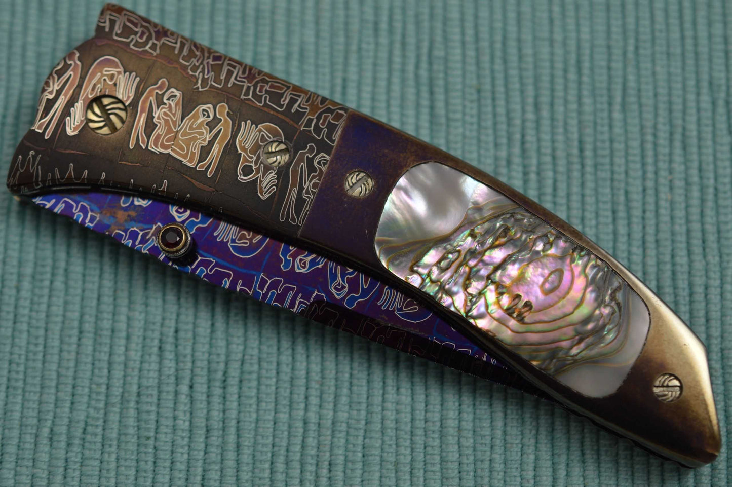 Joe Olson "Apocalypse" Interframe Folder, Damascus, Abalone, Ruby Thumbstud