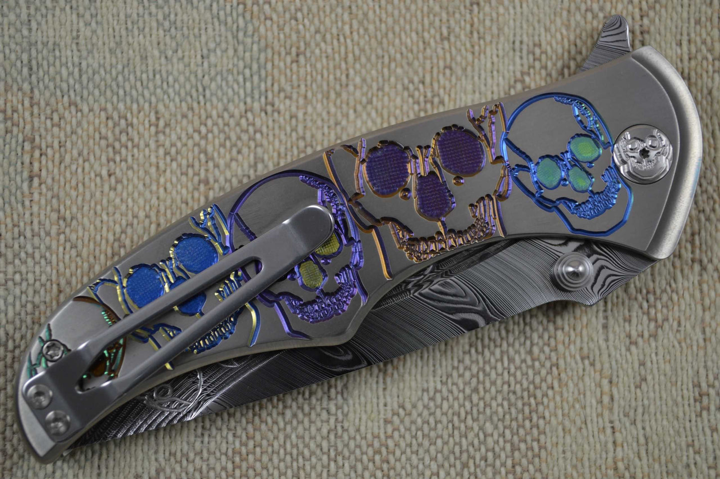 Brian Tighe "Tighe Coon" Flipper Engraved Skulls Titanium and Damasteel (SOLD)