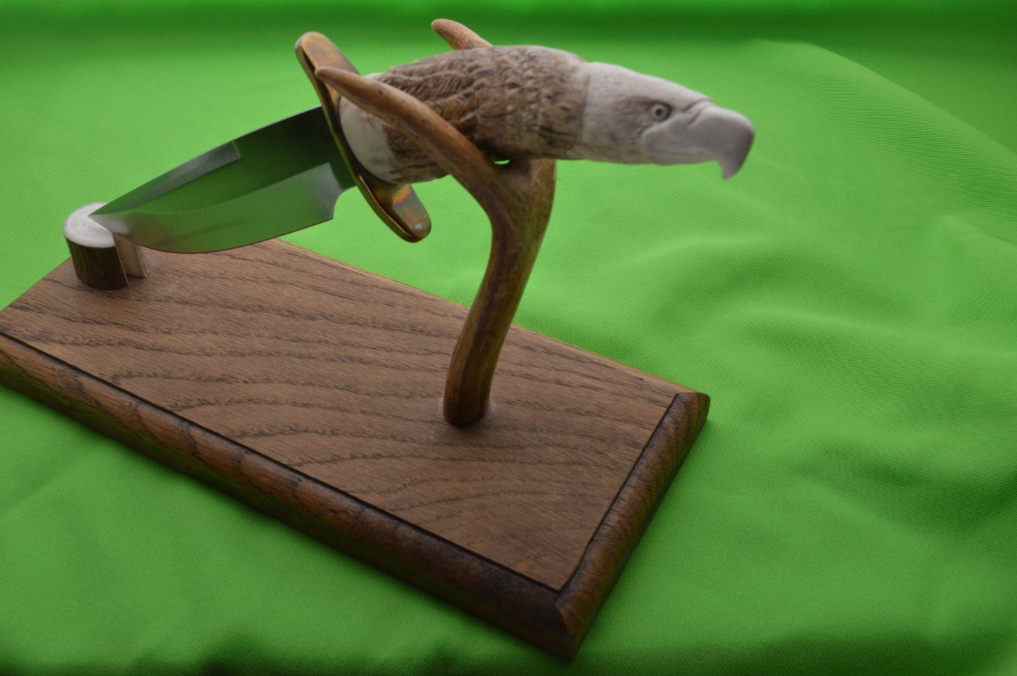 T.L. Davis Wolftrack Stag Carved Eagle Head Fixed Blade Knife, Display Stand