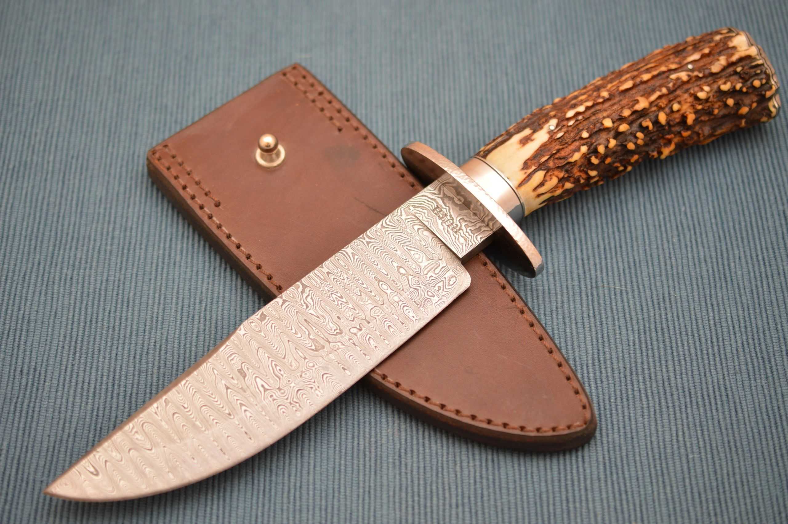 Mike Ruth Stag Damascus Bowie Knife + Rowe Leather Sheath – Windy City ...