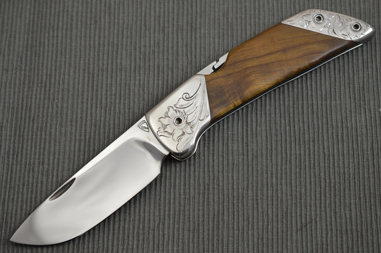 Norm Levine Engraved Lock-Back Folding Knife, Double Bolsters