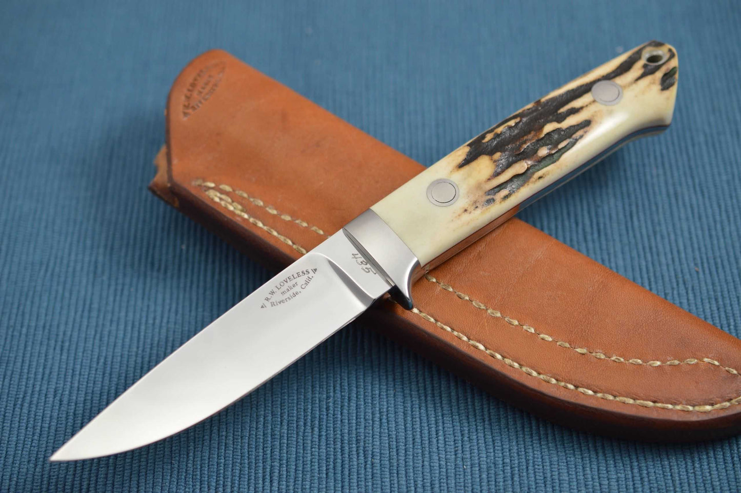 Bob Loveless Stag Hunting Knife #435, Riverside Calif., Leather Sheath (SOLD)