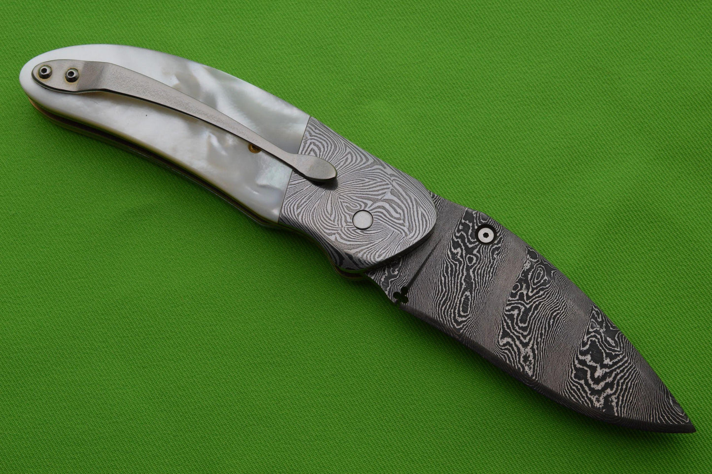 Peter Martin Spring-Assisted Damascus and Pearl Liner-Lock Folding Knife